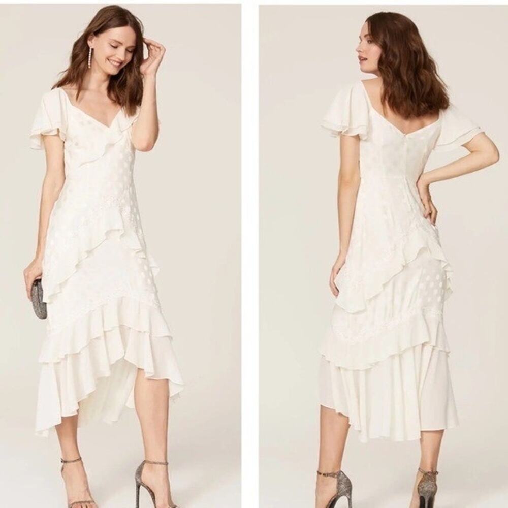 THREE FLOOR White Polka Dot Textured Hourglass Ruffle Trim Perle Dress sz US 2